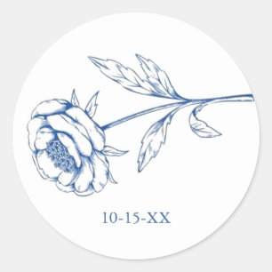 Chic Blue Floral with Wedding Date Classic Round Sticker