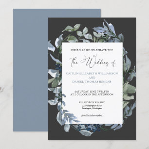 Chic Blue Floral Wreath Wedding Invitation