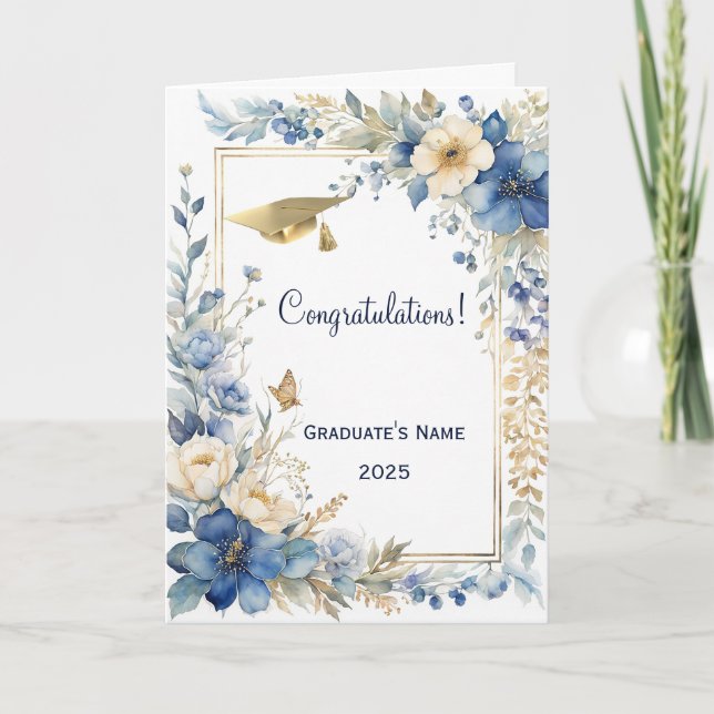 Chic Blue Flower Butterfly Personalised Graduation Card (Front)
