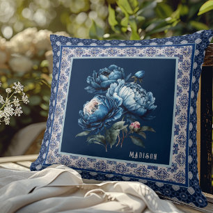 Chic Blue flowers chinoiserie toile monogram Cushion