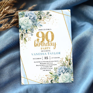 Chic Blue Flowers Gold 90th Birthday Party Invite