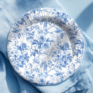 Chic Blue French Toile Roses Floral Paper Plates