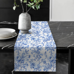 Chic Blue French Toile Roses Floral Table Runner