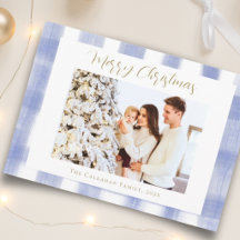 Chic Blue Gingham Plaid Family Christmas Photo