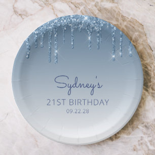 Chic Blue Glitter Drip 21st Birthday Party Paper Plate