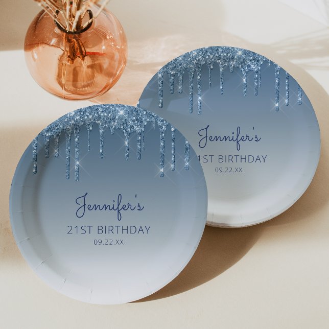Chic Blue Glitter Drip 21st Birthday Party Paper Plate (Creator Uploaded)