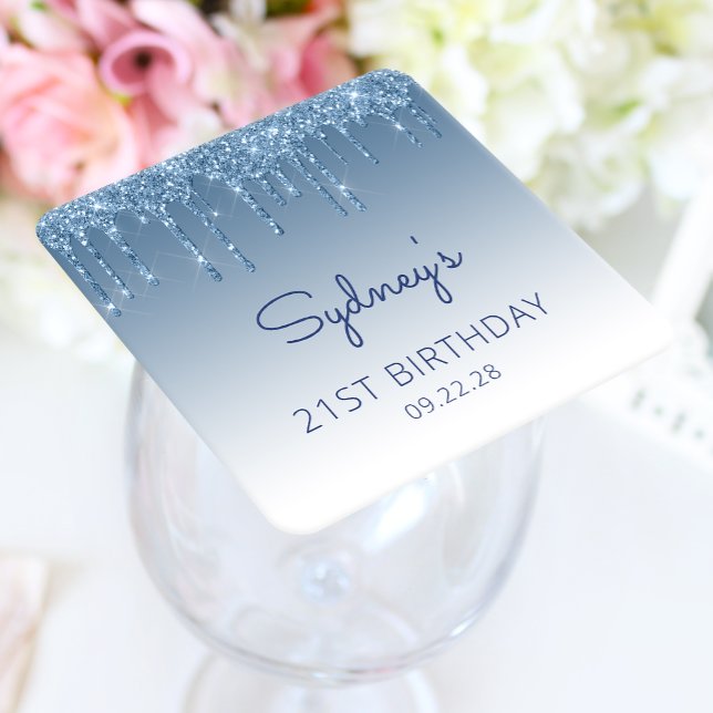 Chic Blue Glitter Drip 21st Birthday Party Square Paper Coaster (Creator Uploaded)