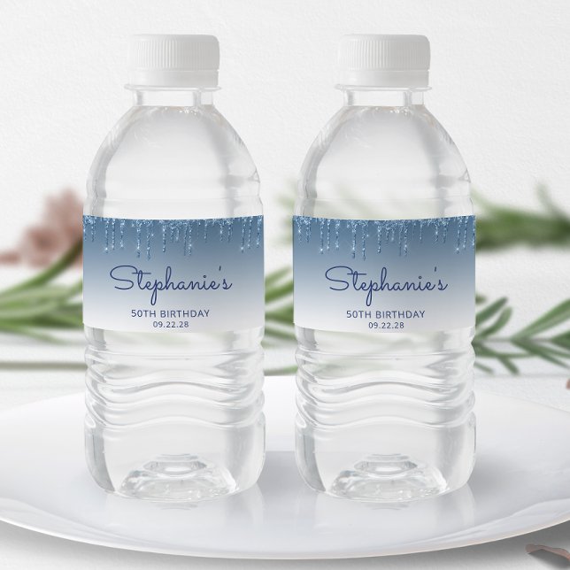 Chic Blue Glitter Drip 50th Birthday Party Water Bottle Label (Creator Uploaded)