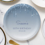Chic Blue Glitter Drip 60th Birthday Party Paper Plate<br><div class="desc">These chic,  elegant 60th birthday party paper plates feature a sparkly blue faux glitter drip border and blue ombre background. Personalise them with the guest of honour's name in blue handwriting script,  with her birthday and date below in sans serif font.</div>