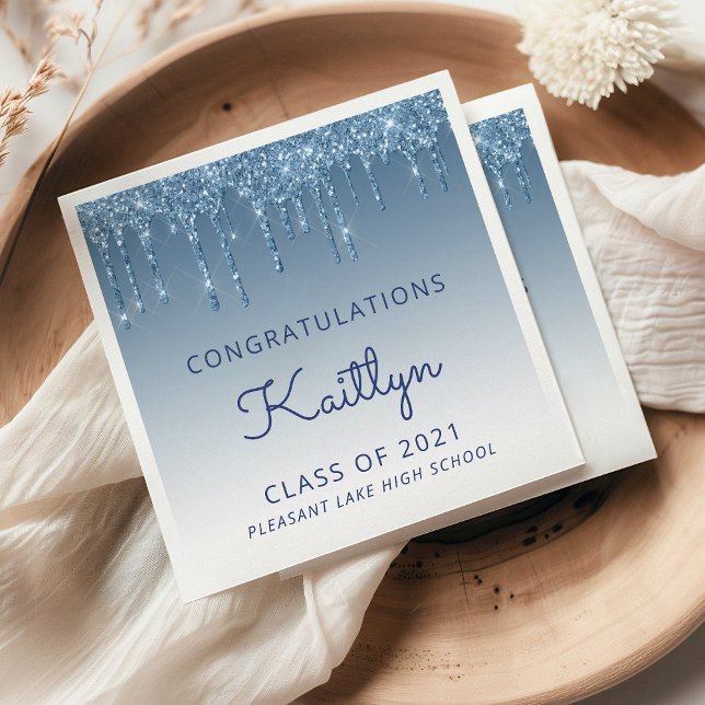 Chic Blue Glitter Drip Graduation Napkin (Creator Uploaded)