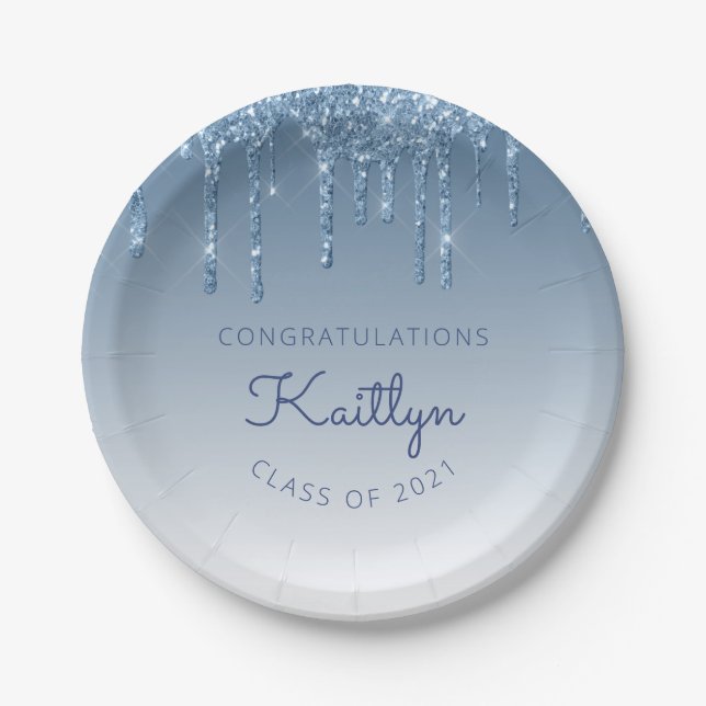 Chic Blue Glitter Drip Graduation Party Paper Plate (Front)