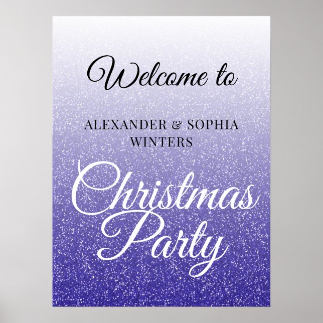 Chic Blue Glitter Ombre Christmas Party Welcome Poster (Front)