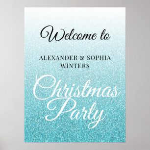 Chic Blue Glitter Ombre Christmas Party Welcome Poster