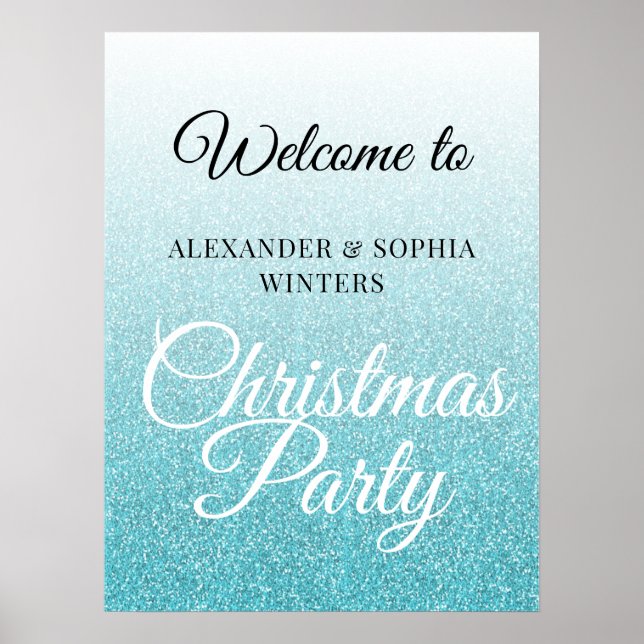 Chic Blue Glitter Ombre Christmas Party Welcome Poster (Front)