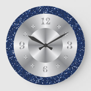 Chic Blue Glitter Silver Numbers Large Clock