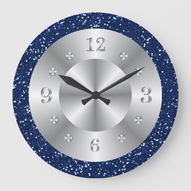 Chic Blue Glitter Silver Numbers Large Clock (Front)