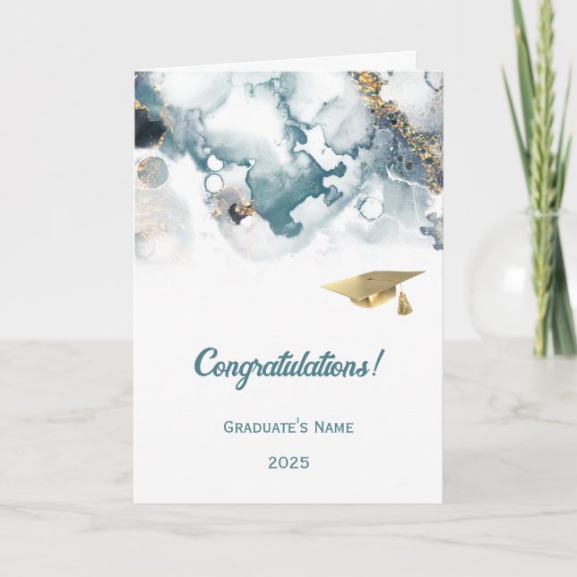 Chic Blue Gold Abstract Graduation  Card (Front)