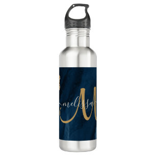 Chic Blue Gold Agate Script Monogram Custom 710 Ml Water Bottle