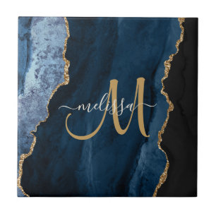 Chic Blue Gold Agate Script Monogram Custom Ceramic Tile