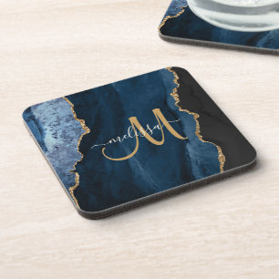 Chic Blue Gold Agate Script Monogram Custom Coaster