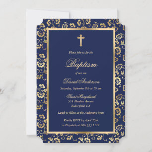 Chic Blue Gold Cross Script Floral Baptism Invitation
