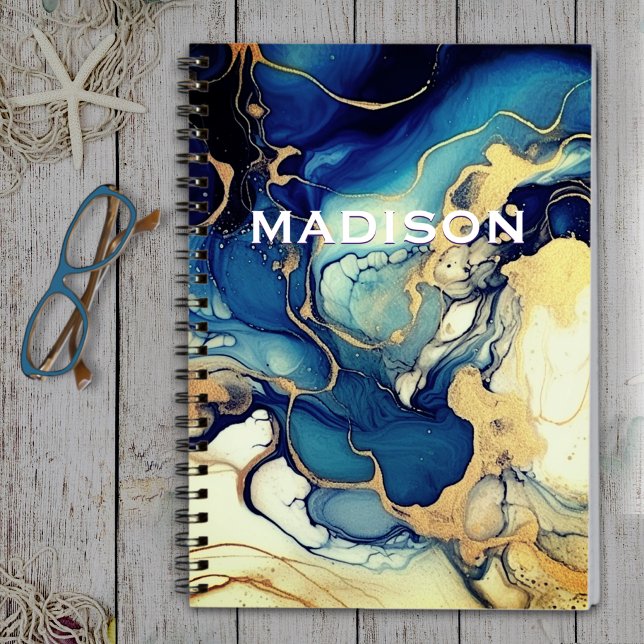 Chic blue gold faux glitter marbling monogram notebook (Creator Uploaded)