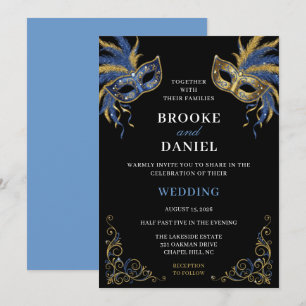 Chic Blue Gold Feathered Masquerade Wedding Invitation