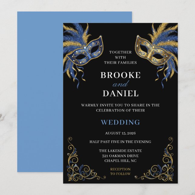Chic Blue Gold Feathered Masquerade Wedding Invitation (Front/Back)