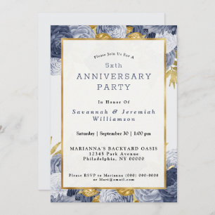 Chic Blue Gold Floral Customisable Anniversary Invitation