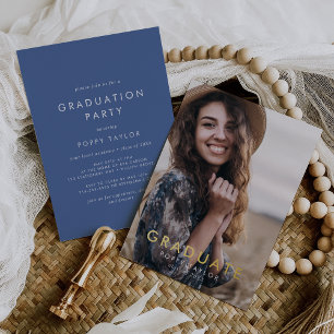Chic Blue Gold Foil Photo Graduation Party