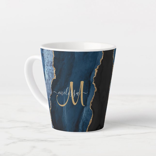 Chic Blue Gold Glitter Agate Custom Monogram Latte Mug (Left Angle)