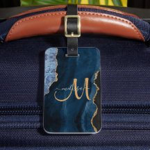 Chic Blue Gold Glitter Agate Custom Monogram