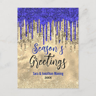 Chic blue gold glitter drips Christmas new year Postcard