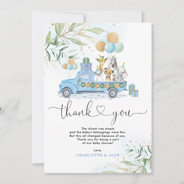 Chic Blue Gold Greenery Wild Jungle Baby Animals Thank You Card (Front)