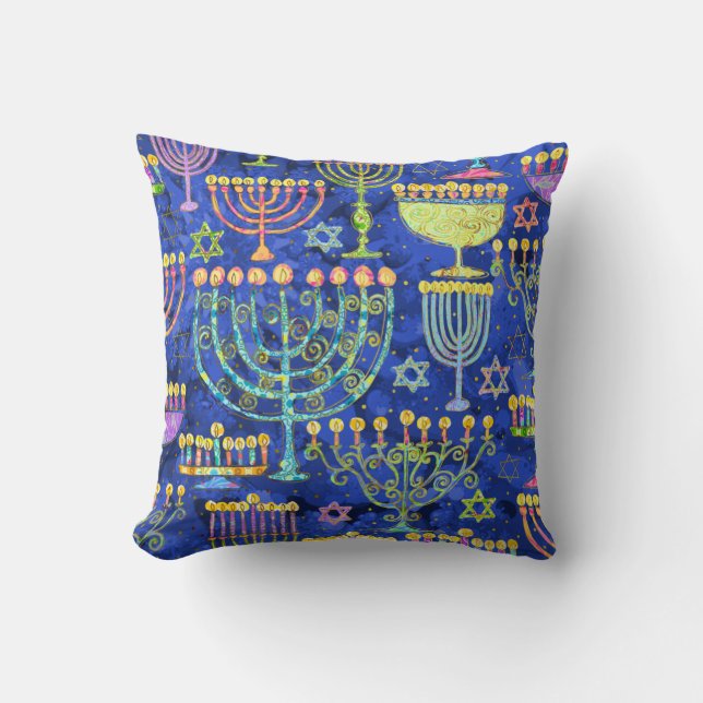 Chic Blue Gold Menorah Star of David Hanukkah Cushion (Front)