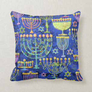 Chic Blue Gold Menorah Star of David Hanukkah Cushion