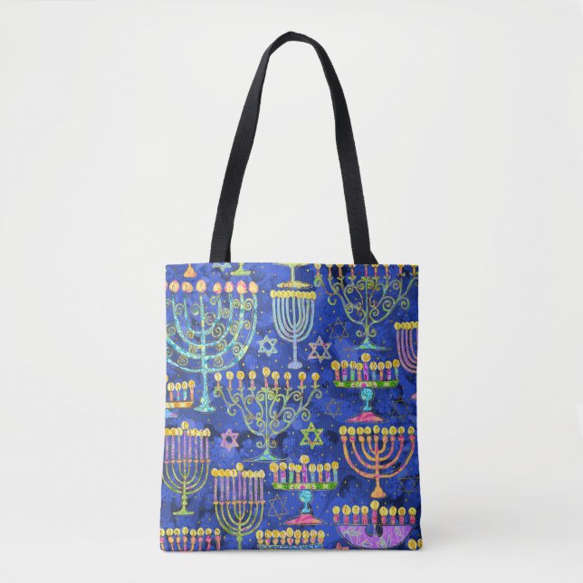 Chic Blue Gold Menorah Star of David Hanukkah Tote Bag (Front)