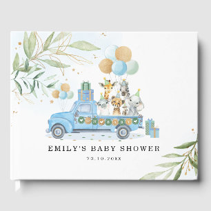 Chic Blue Gold Safari Jungle Animals Baby Shower Guest Book