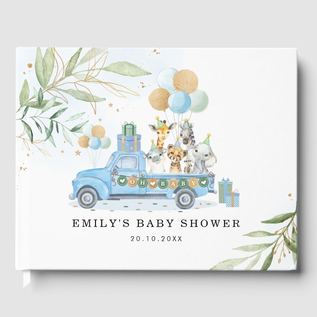 Chic Blue Gold Safari Jungle Animals Baby Shower Guest Book (Front)