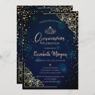 Chic Blue Gold Tiara,Diamonds Quinceañera Invitation