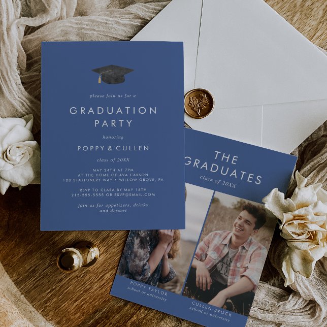 Chic Blue Grad Cap Photo Double Graduation Party Invitation (Creator Uploaded)
