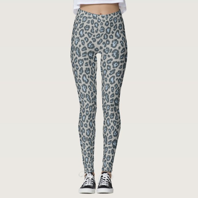 Chic Blue Gray Leopard Print Pattern Leggings (Front)