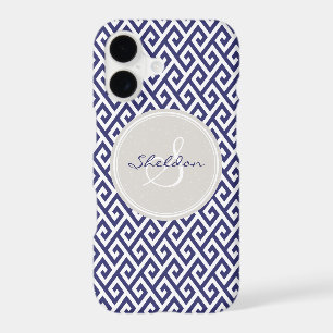 Chic blue greek key geometric patterns monogram