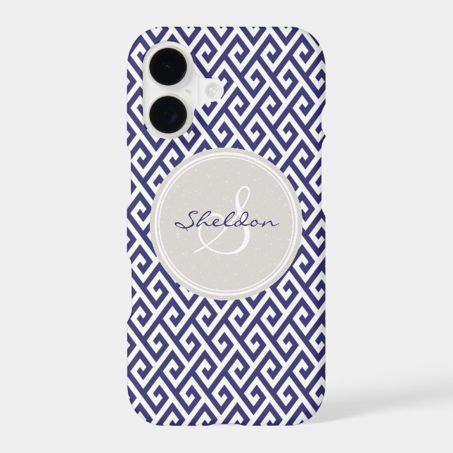 Chic blue greek key geometric patterns monogram (Back)