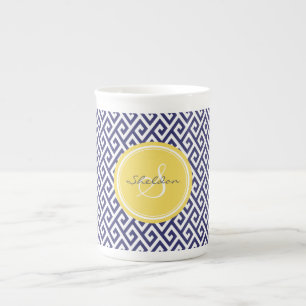 Chic blue greek key geometric patterns monogram bone china mug