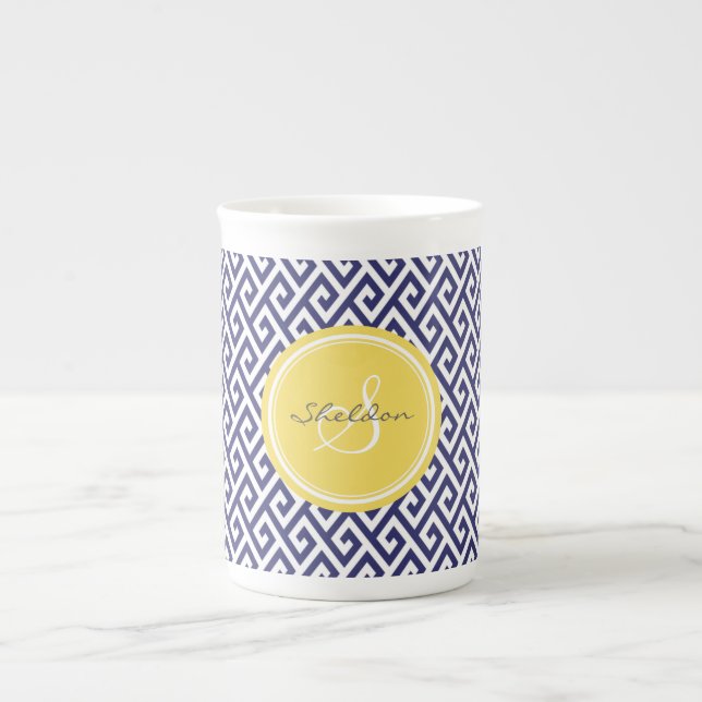 Chic blue greek key geometric patterns monogram bone china mug (Front)