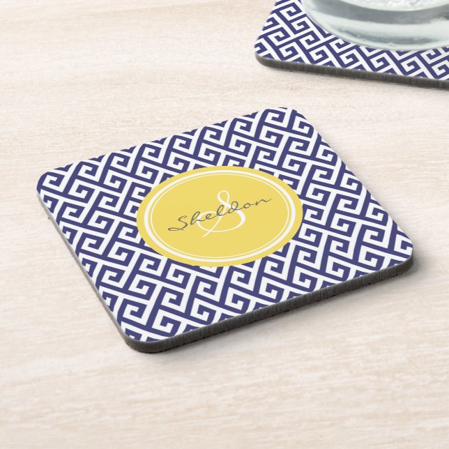 Chic blue greek key geometric patterns monogram coaster (Left Side)