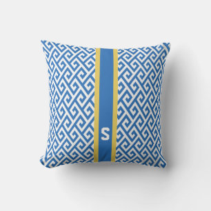 Chic blue greek key geometric patterns monogram cushion