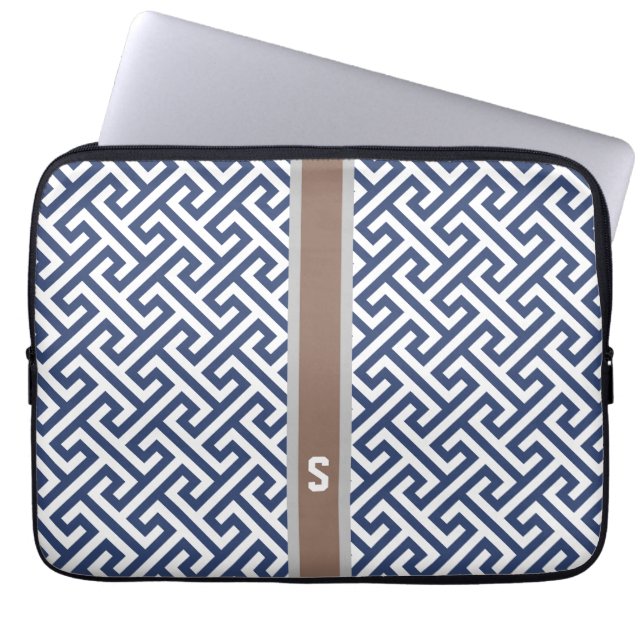 Chic blue greek key geometric patterns monogram laptop sleeve (Front)