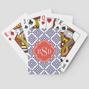 Chic blue greek key geometric patterns monogram playing cards